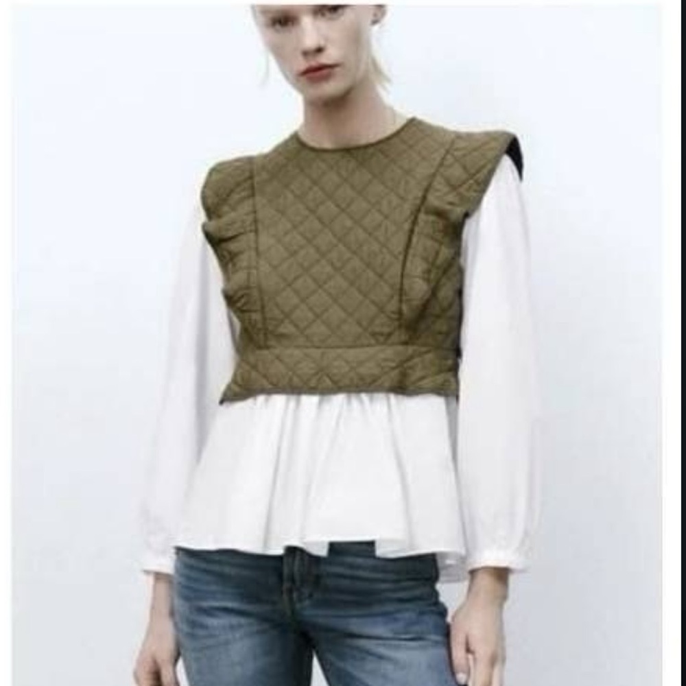 Zara Ruffle Quilted Vest Blouse Size Small